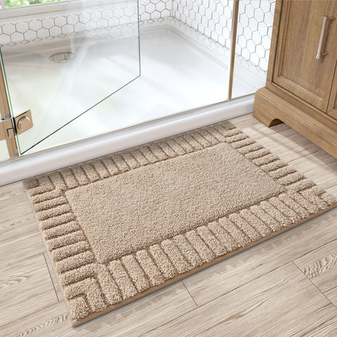 LUMI beige 20x32 rug complements neutral bathroom decor