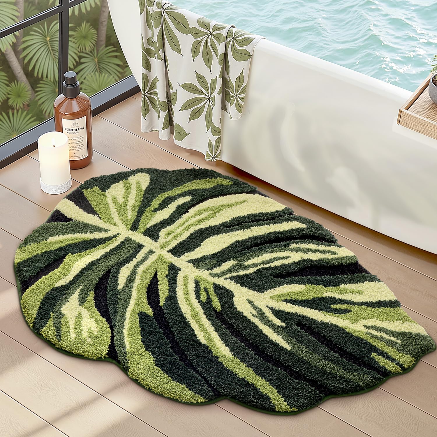 LUMI cute bathroom rug featuring green Monstera leaf for cozy bathroom décor.