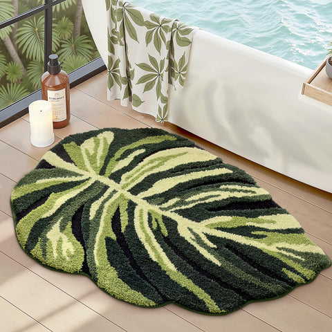 LUMI cute bathroom rug featuring green Monstera leaf for cozy bathroom décor.