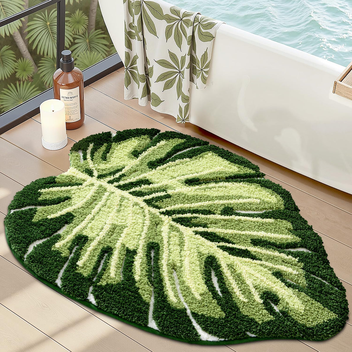 LUMI Monstera leaf bathroom rug with plush comfort for wet floors.
