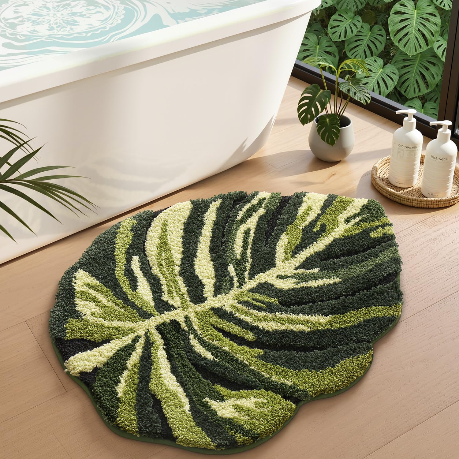 LUMI dark Monstera color rug placed in a contemporary bathroom setting.
