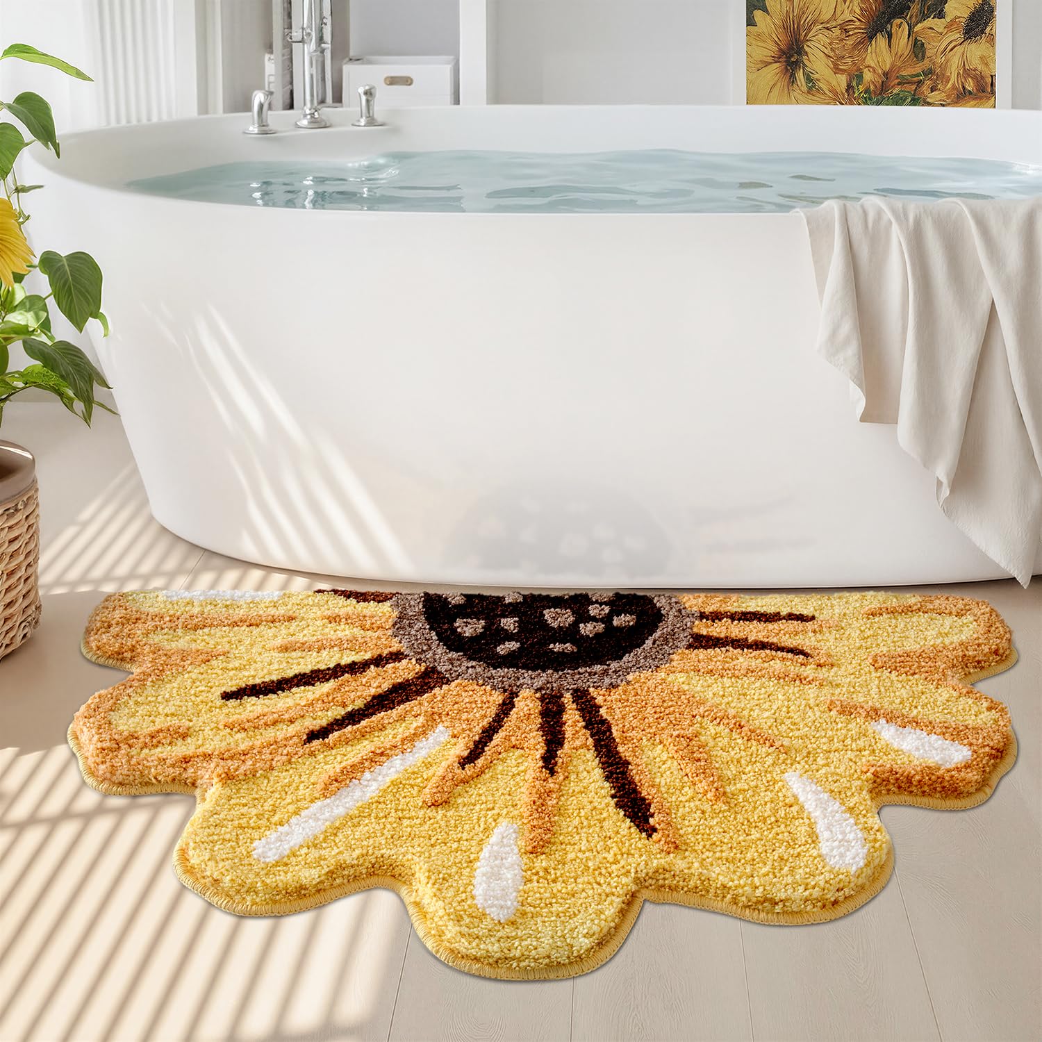 LUMI Floral Bath Mat Sunflower front view shows soft plush texture for feet.