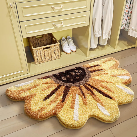 LUMI Floral Bath Mat warm yellow tone enhances cozy bathroom ambiance.
