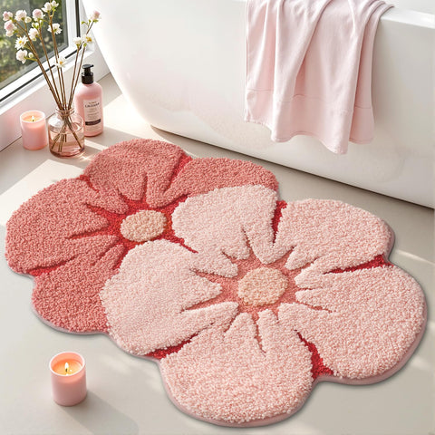 LUMI Flower Bath Rug in pink floral design with absorbent, dry floors promise.