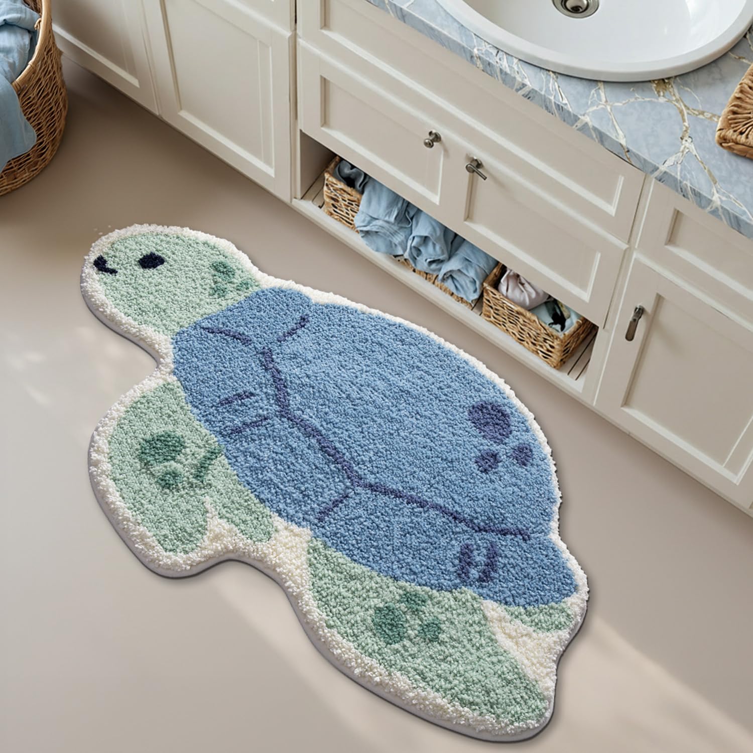 LUMI machine-washable bath mat in blue for easy cleaning and care.