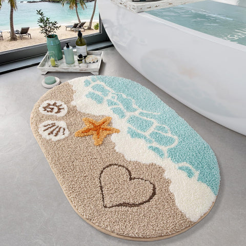 LUMI soft beach rug with ocean waves enhances bathroom ambiance and quick-dry comfort