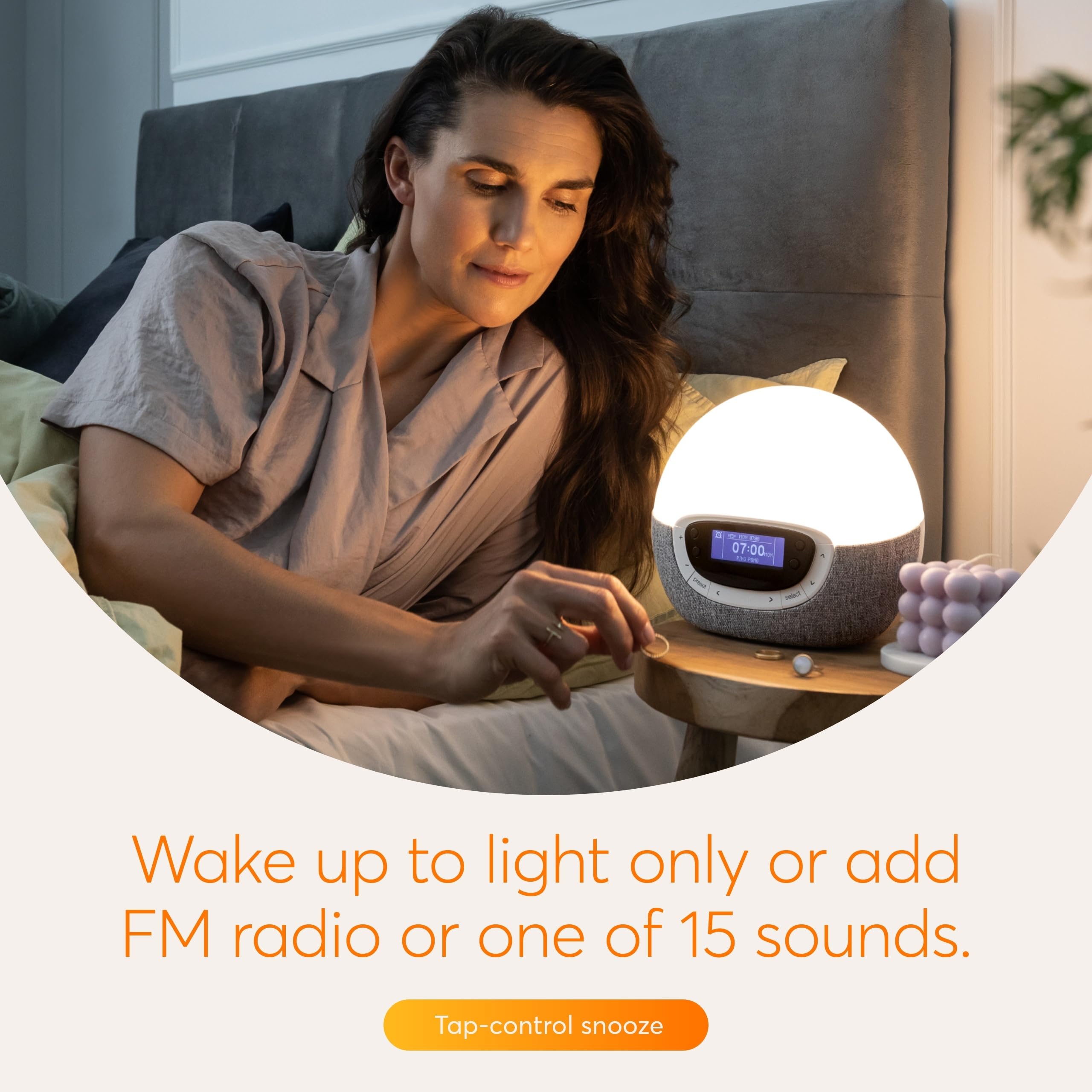 Lumie Bodyclock Shine 300 auto-dimming display reduces glare at bedtime.