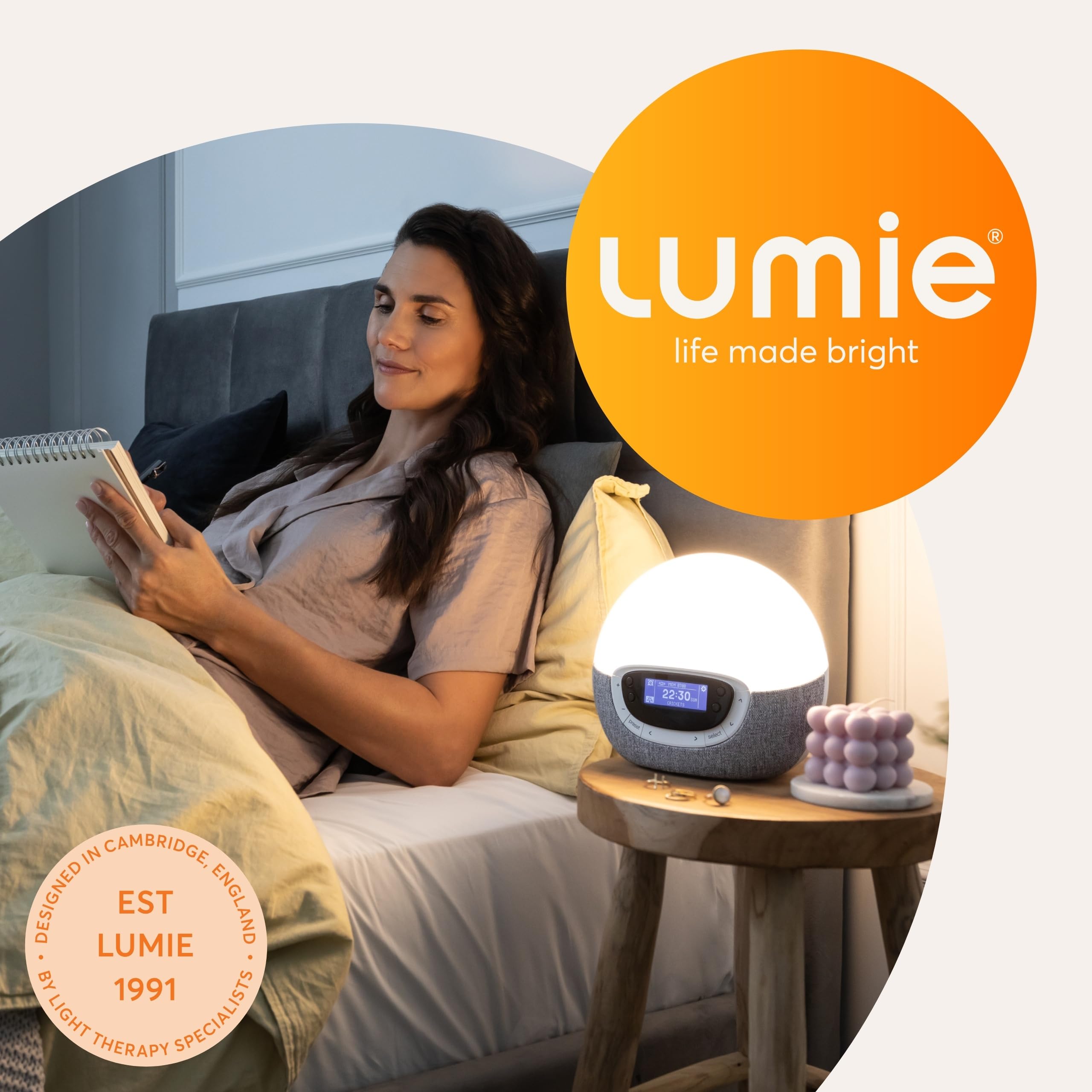 Lumie Bodyclock Shine 300 bedside setup showing reading light.