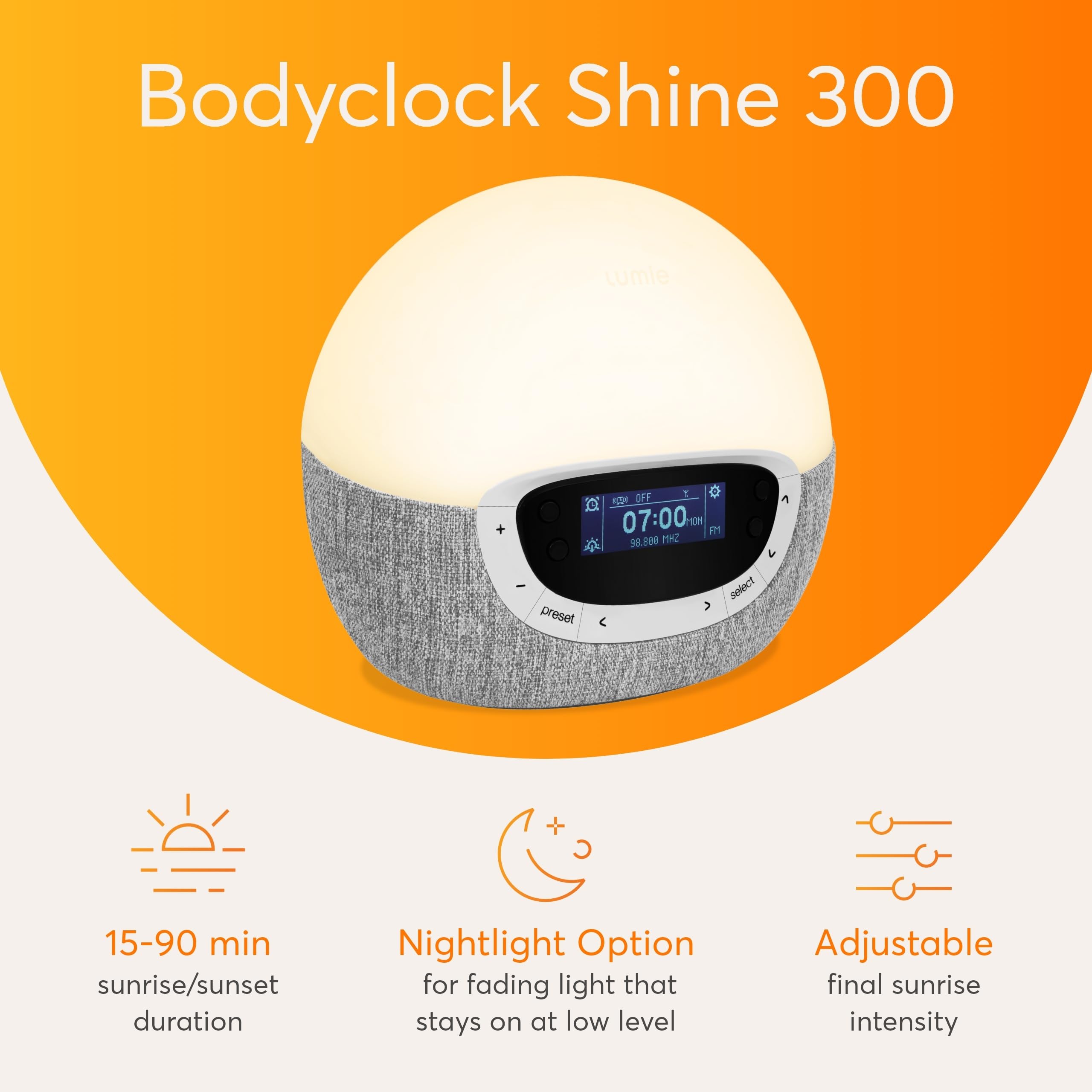 Lumie Bodyclock Shine 300 sunrise animation demonstrates gradual wake-up for mood and energy.