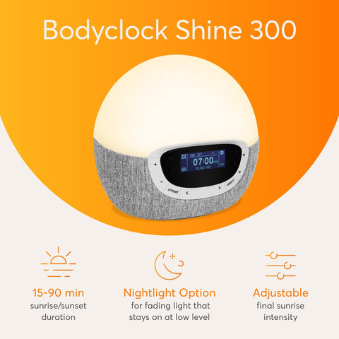 Lumie Bodyclock Shine 300 sunrise animation demonstrates gradual wake-up for mood and energy.