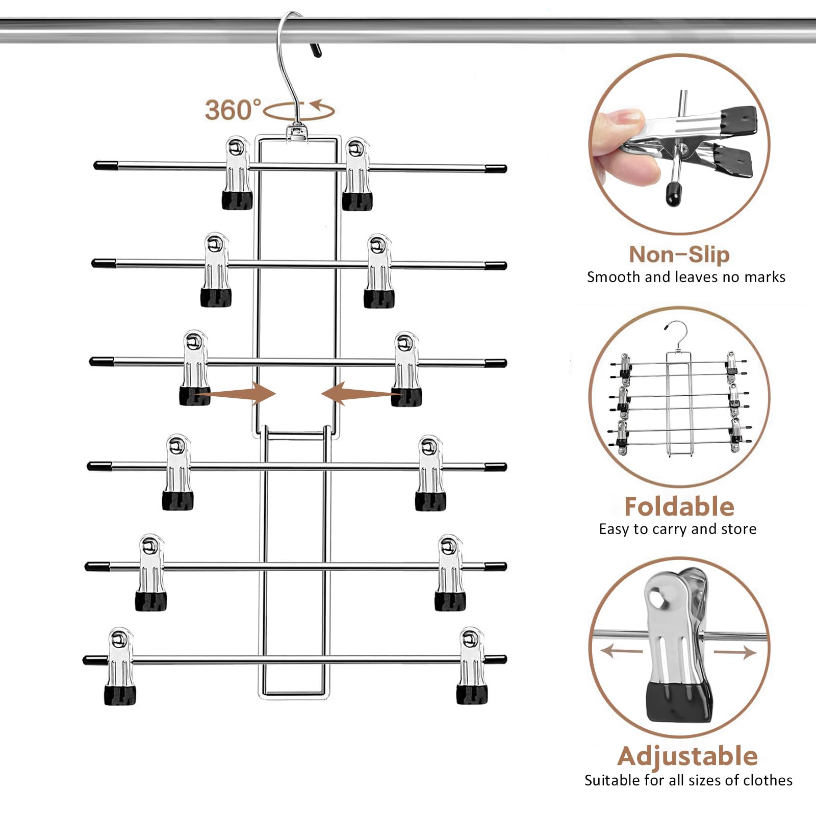 Lumigens collapsible design pant hangers fold flat for storage.