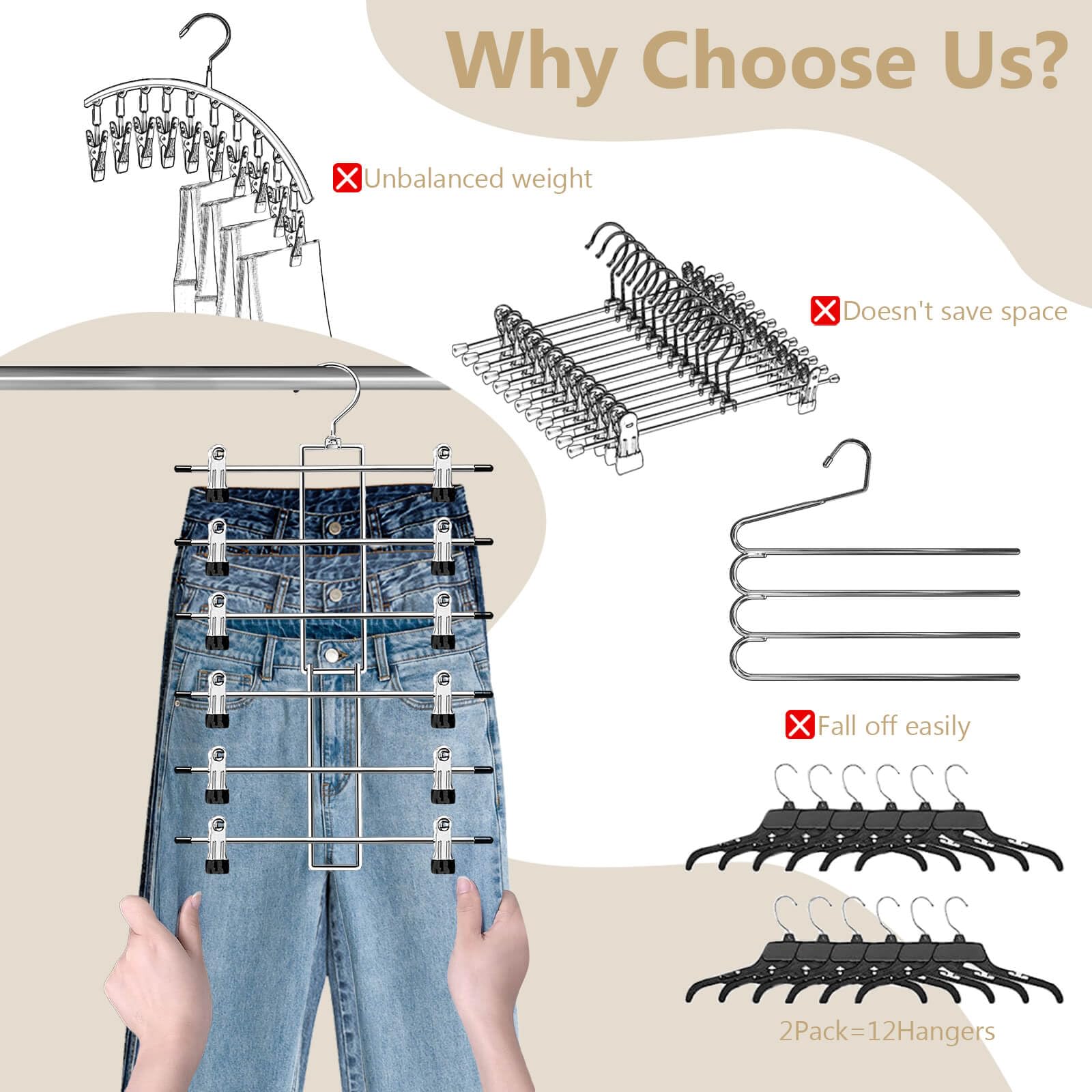 Lumigens non-slip clip pants hangers keep clothes secure.