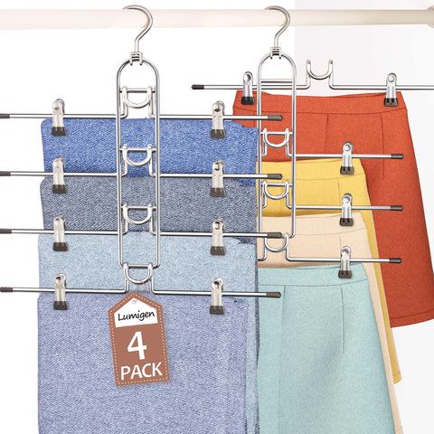 Lumigens pants hangers with clips showcase space-saving multi-layer design for compact closets.