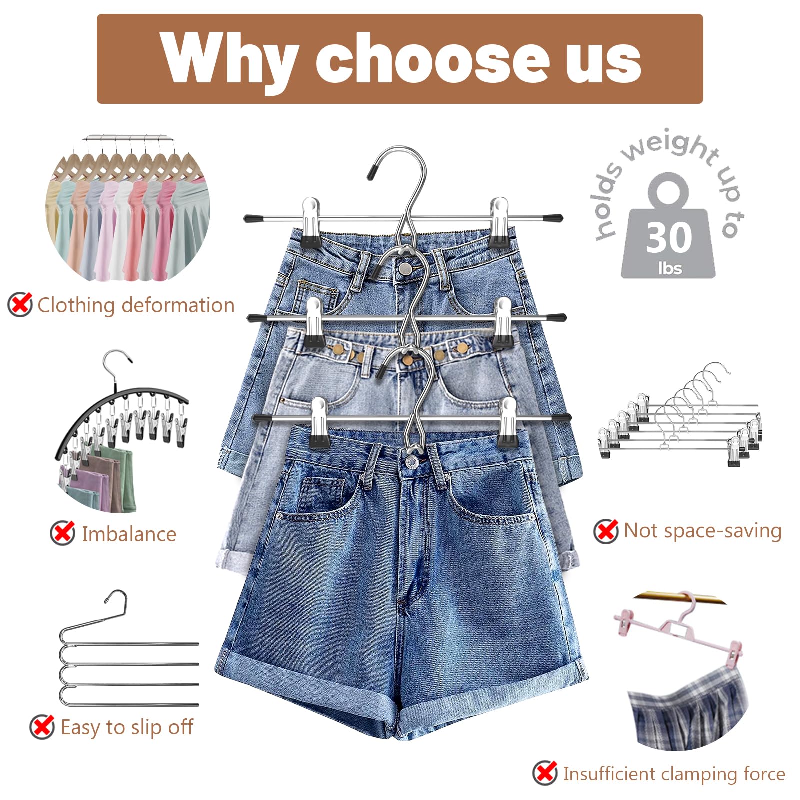Lumigens skirts and pants hangers with adjustable clips organize outfits safely.