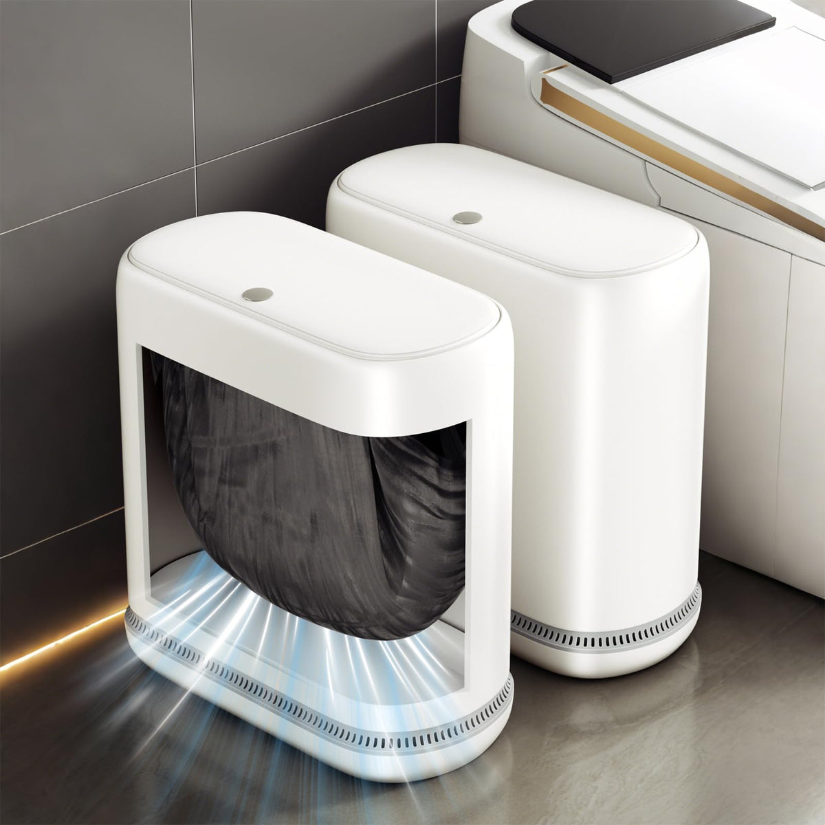 Lumihom bathroom trash can with lid showing tight adsorption seal for odor control.