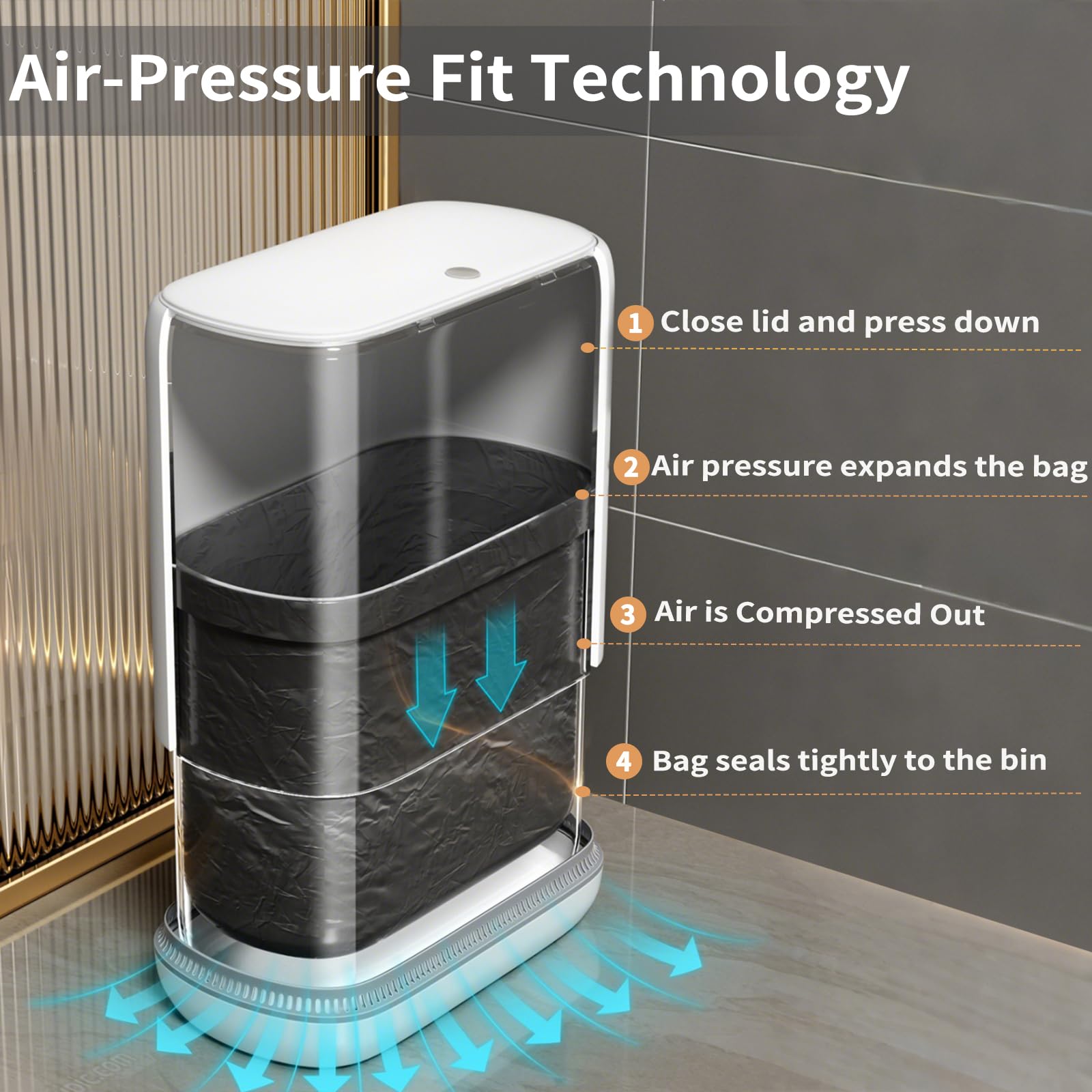 Lumihom trash bin lid demonstrates odor lock and smooth one-touch operation.