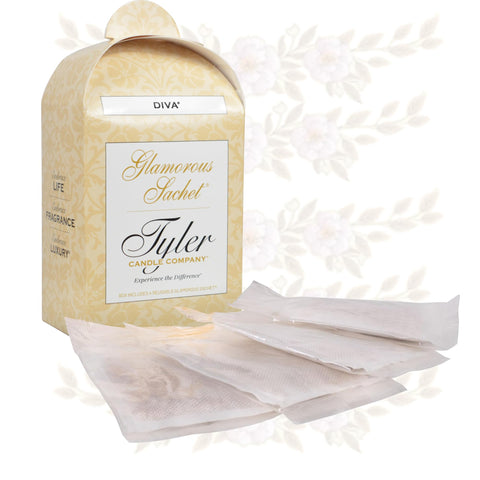 Lumintrail Tyler Candle Diva dryer sachet close-up shows Diva scent notes