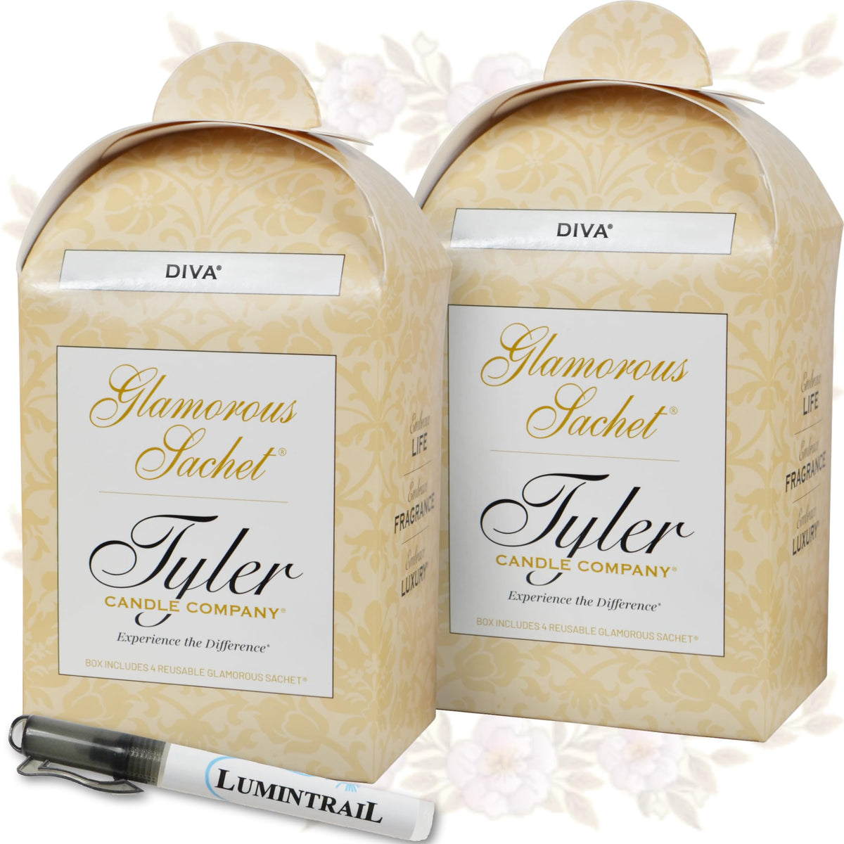 Lumintrail Tyler Candle Diva dryer sachet packaging enhances fabric fragrance