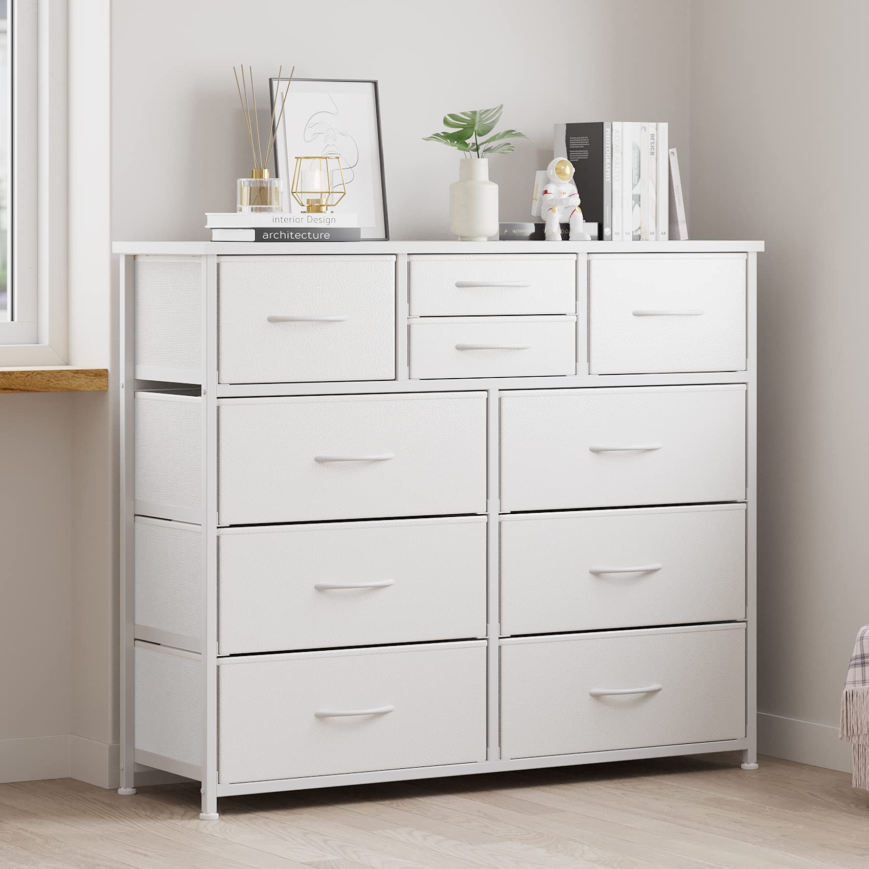 Lumtok 10-drawer dresser includes easy pull handles for effortless access.