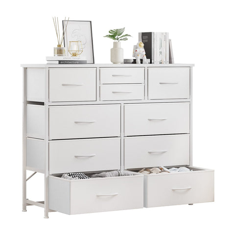 Lumtok 10-drawer dresser with steel frame and white top stores clothes neatly.
