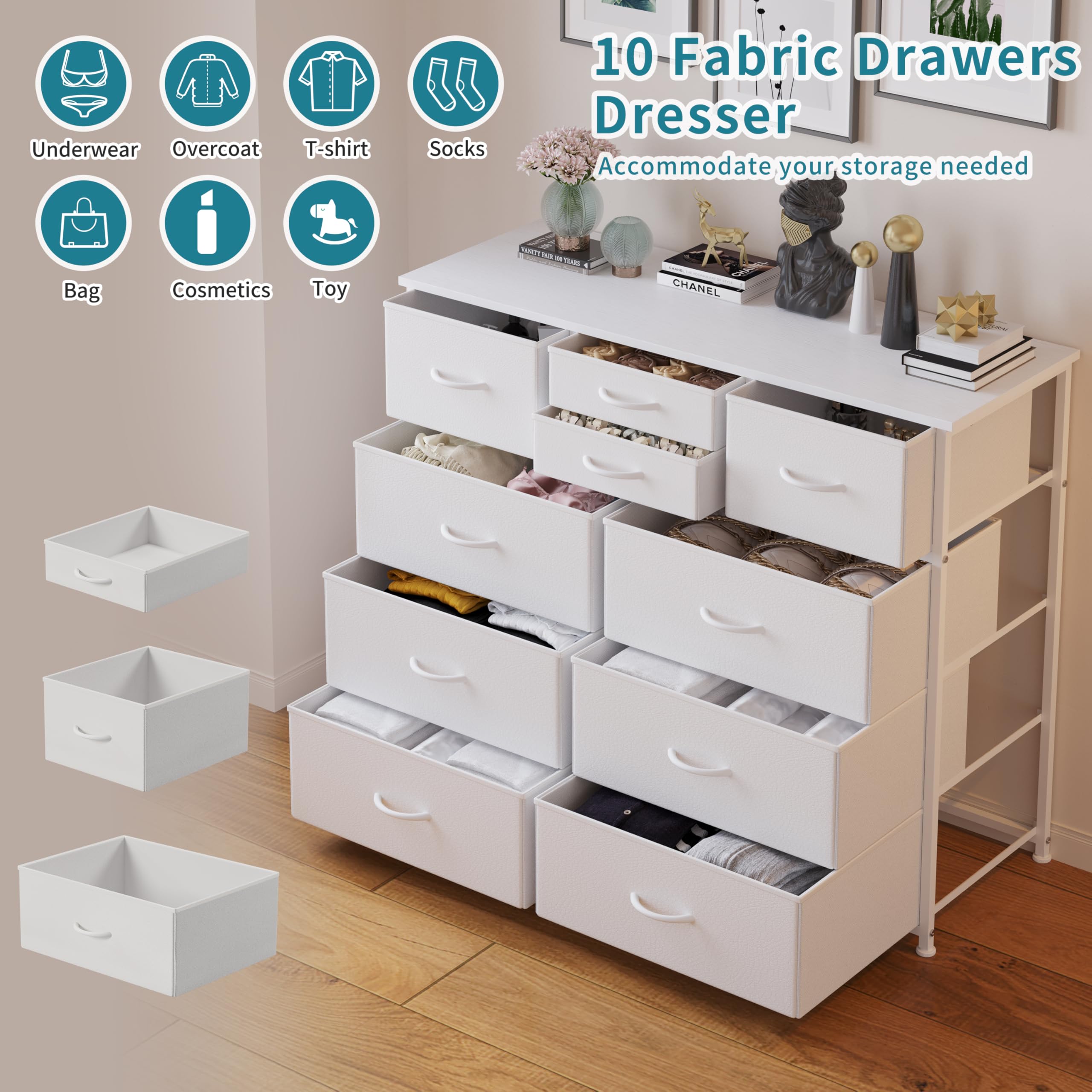 Lumtok 10-drawer dresser with wood top for a sturdy surface.