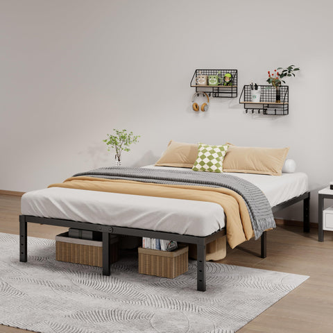 LUMUNANCE cal king bed frame side view highlighting 14-inch height for under-bed storage and a clean, modern look.
