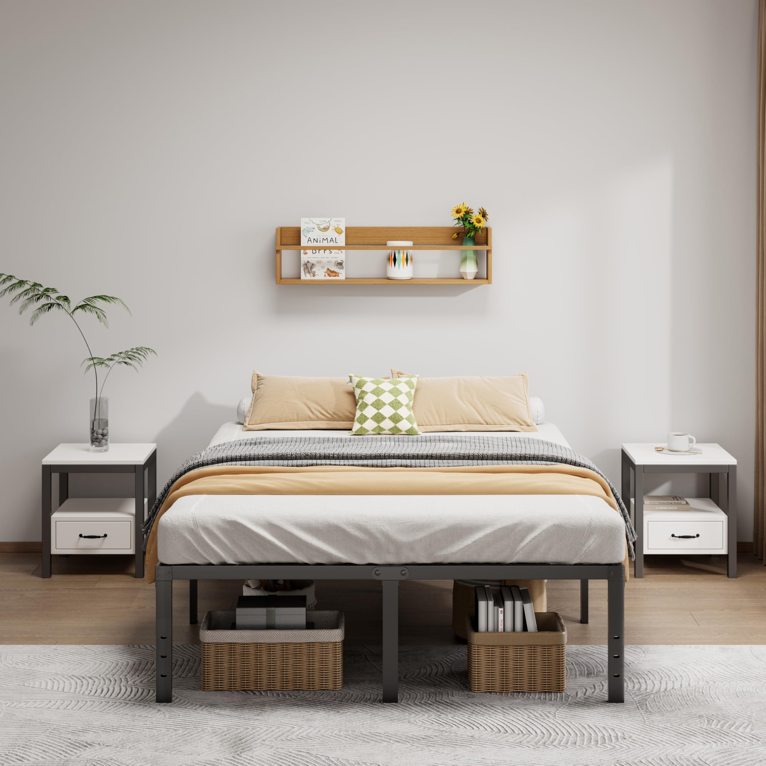 LUMUNANCE queen bed frame no box spring saves setup steps.