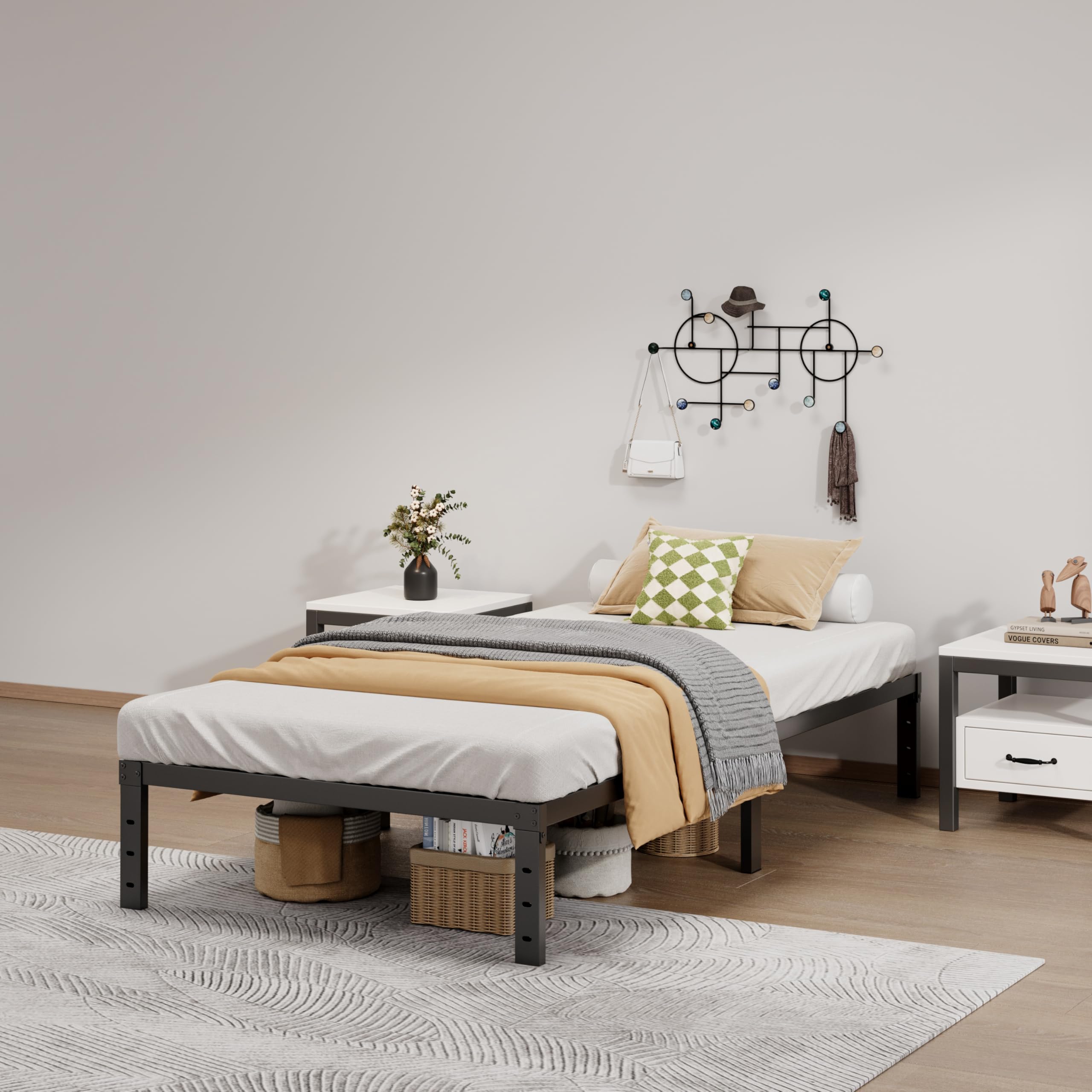 Lumunance Twin XL bed frame assembly in progress includes tools for quick setup.