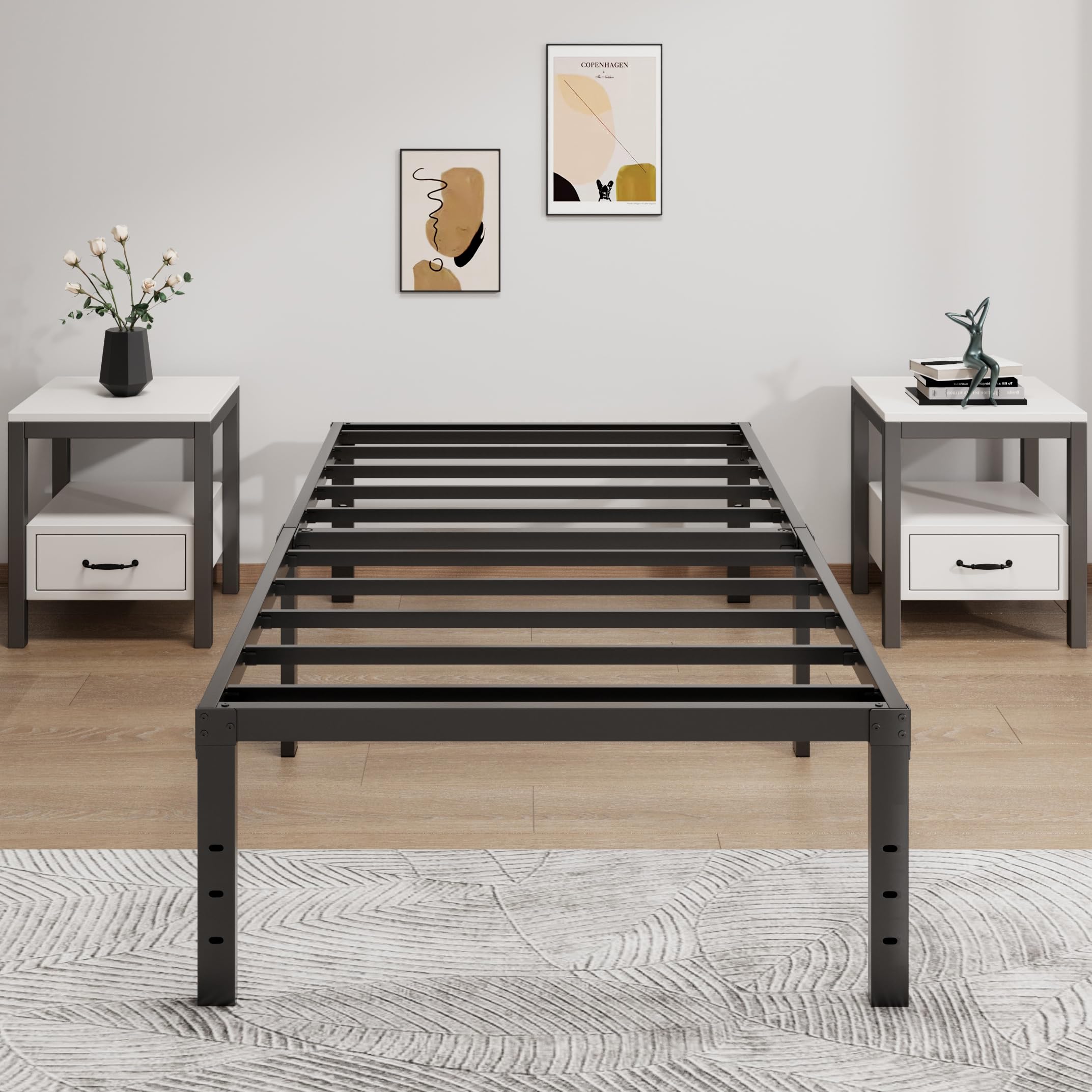 Lumunance Twin XL metal bed frame side view highlighting slim profile and underbed storage potential