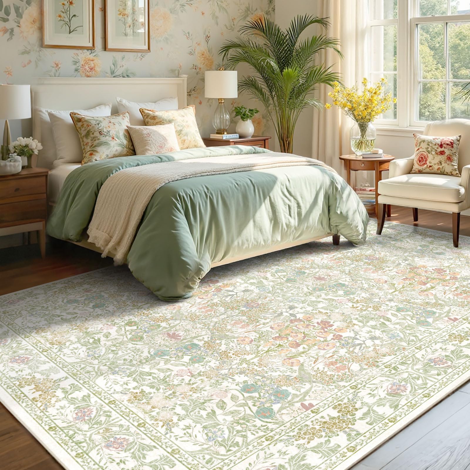Lunasun sage-green boho area rug 8x10 with non-slip backing on hardwood floors.