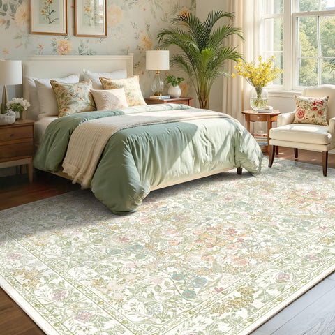 Lunasun sage-green boho area rug 8x10 with non-slip backing on hardwood floors.