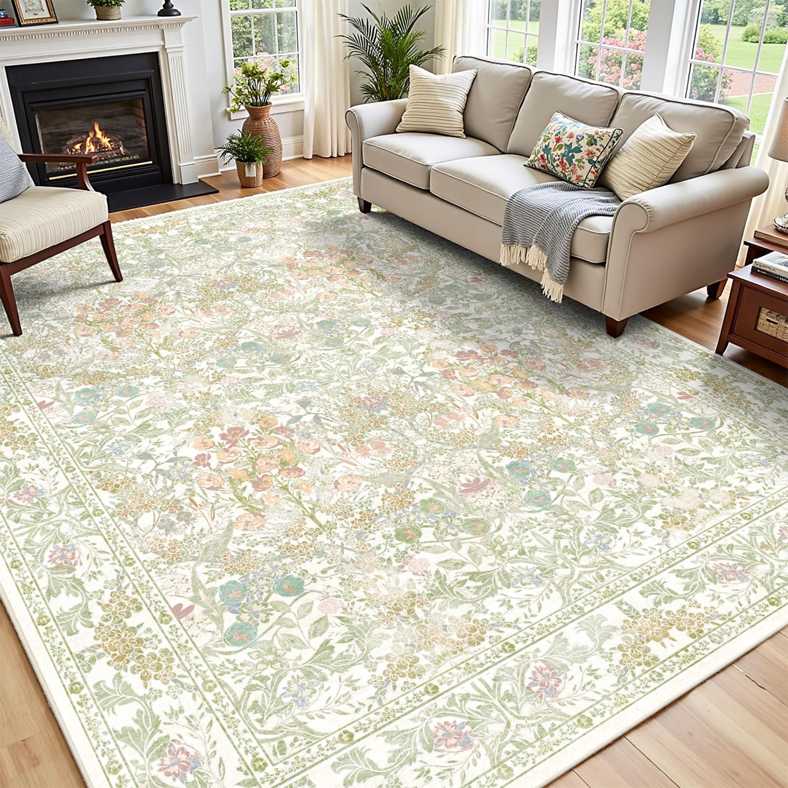 Lunasun sage-green floral pattern detail enhances living room ambiance.