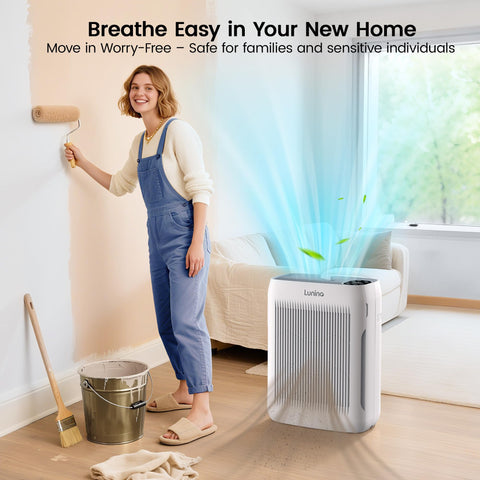 LUNINO air purifier certifications badge and warranty offer trusted support