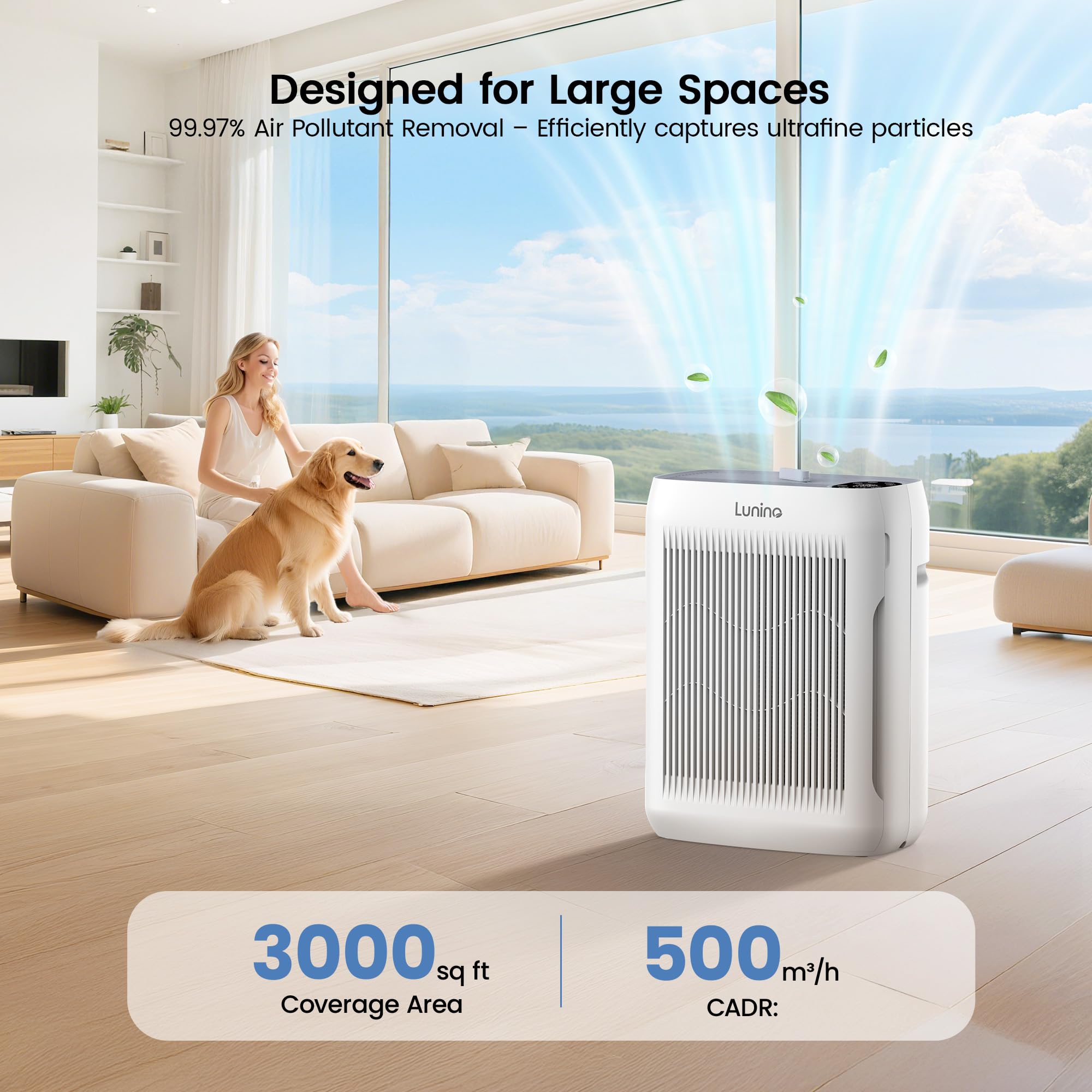 LUNINO air purifier large room display highlighting real-time PM2.5 readings