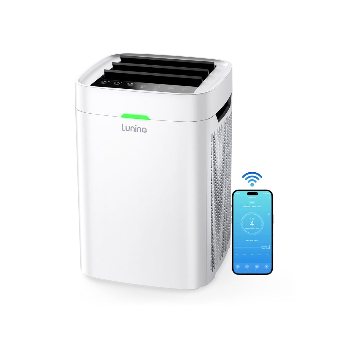 LUNINO air purifier front view highlighting dual intake for faster air cleaning