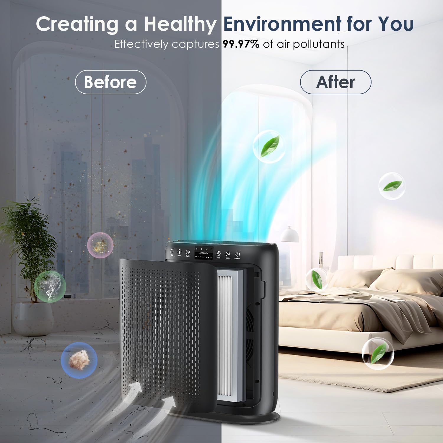 LUNINO air purifier in a bedroom setup for quiet sleep and odor control.