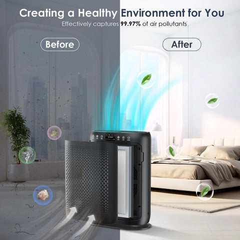LUNINO air purifier in a bedroom setup for quiet sleep and odor control.