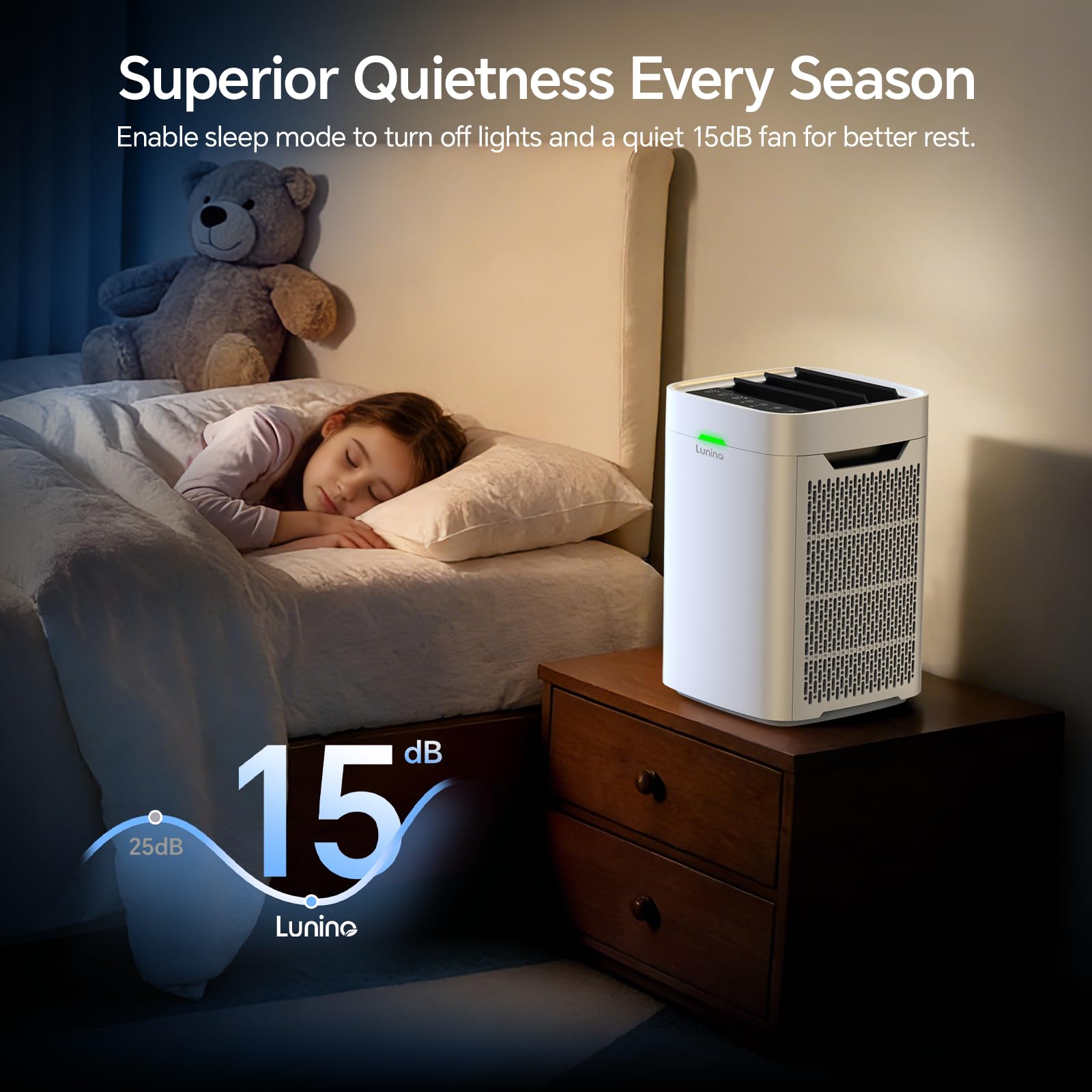 LUNINO three-angle airflow directs clean air across the room