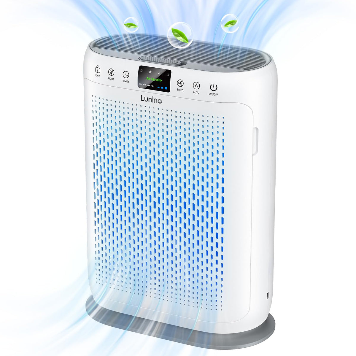 LUNINO H13 air purifier front view emphasizes large-room filtration capability.