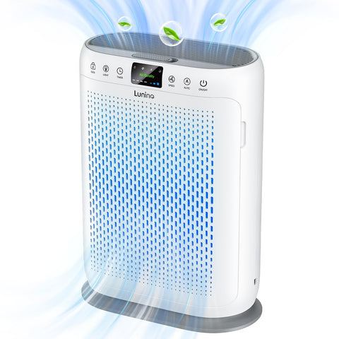 LUNINO H13 air purifier front view emphasizes large-room filtration capability.