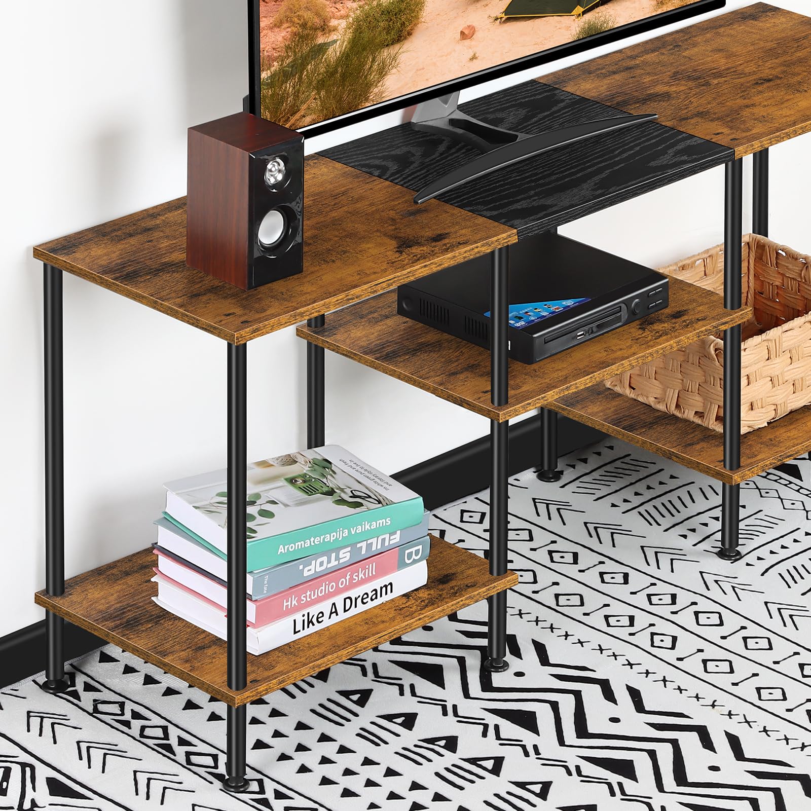 Luplom stand with three-tier storage shelves organizing devices and remotes.