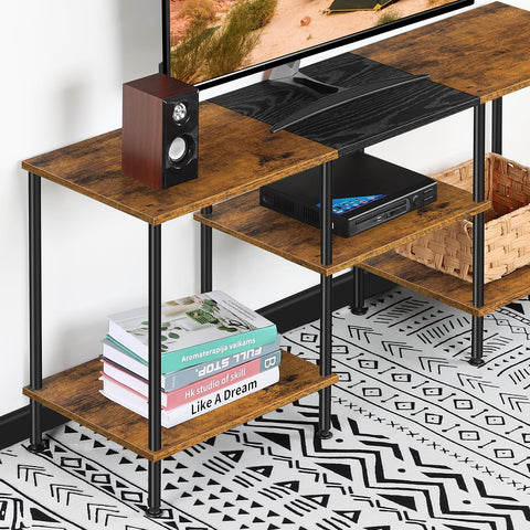 Luplom stand with three-tier storage shelves organizing devices and remotes.