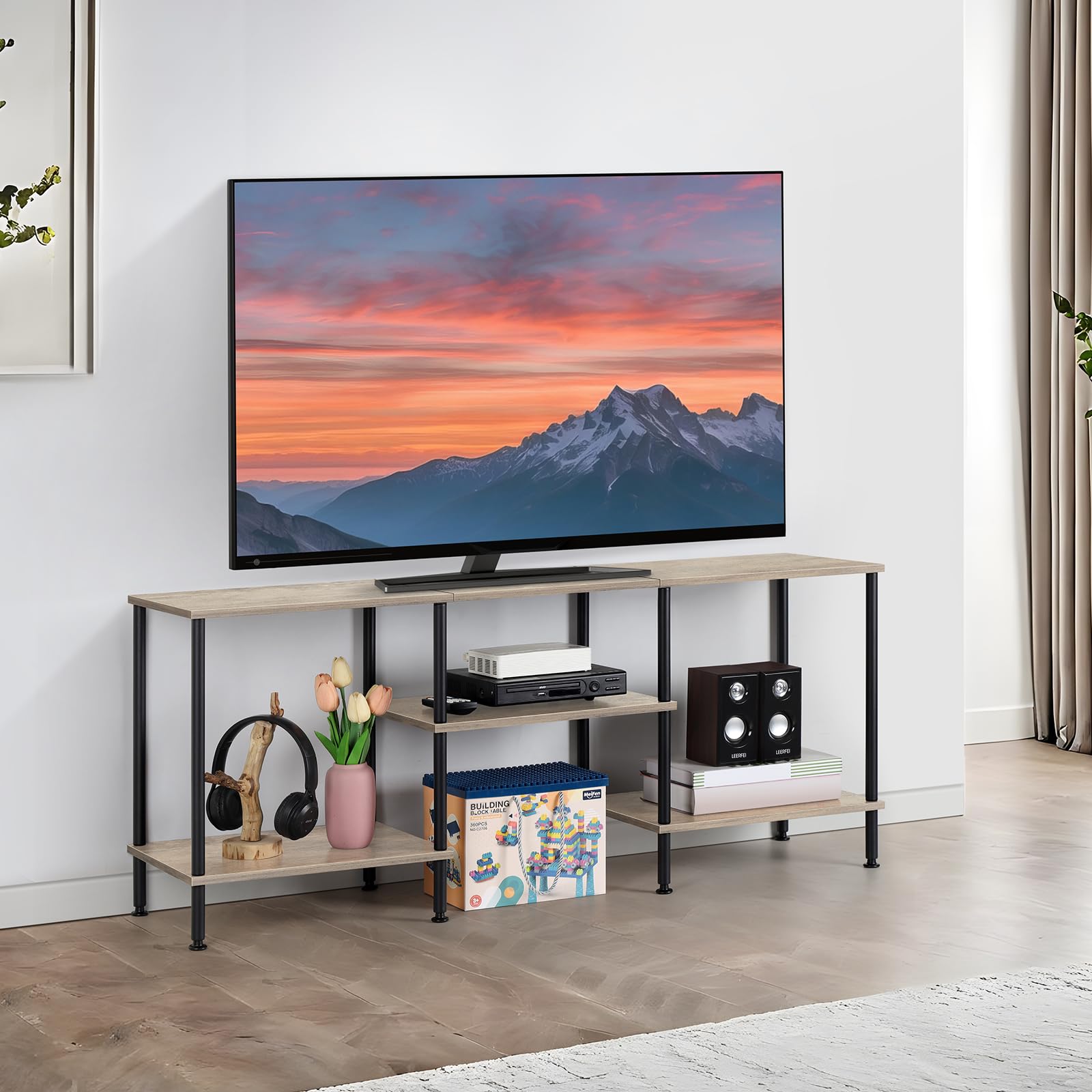 Luplom 50-inch TV stand assembly in rustic grey for quick setup in small spaces.