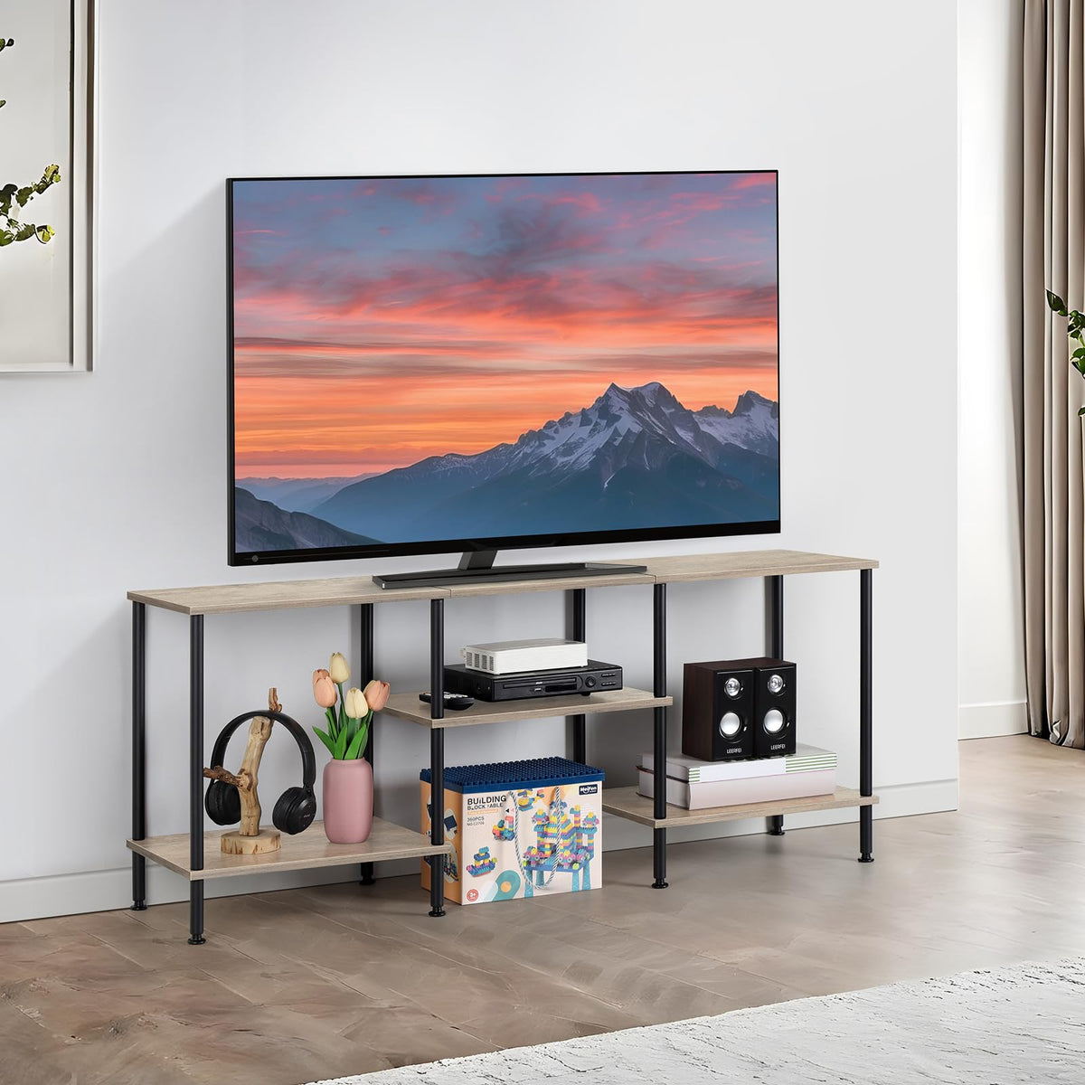Luplom 50-inch TV stand assembly in rustic grey for quick setup in small spaces.
