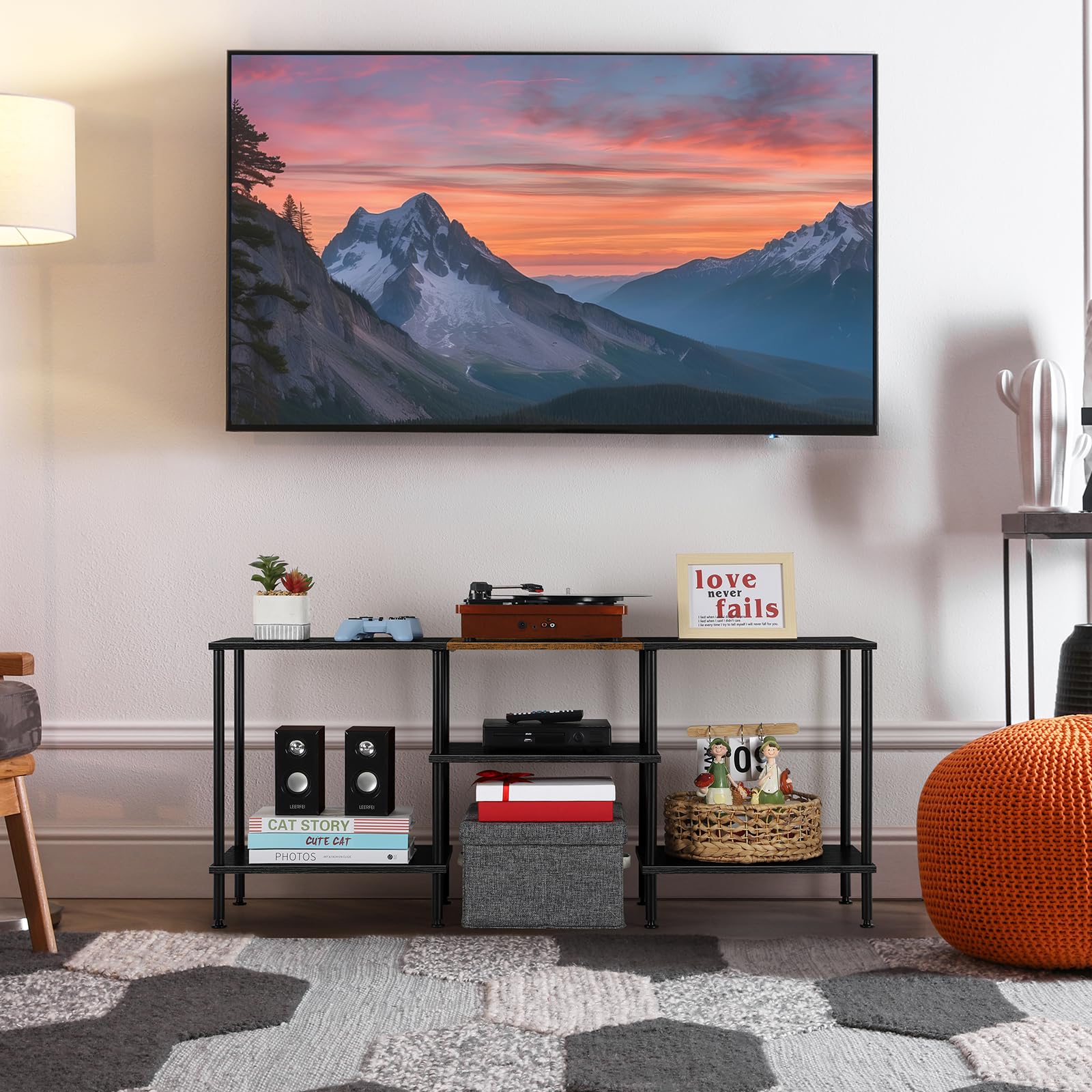 Luplom TV stand adjustable feet keep the unit level on uneven floors.