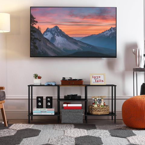 Luplom TV stand adjustable feet keep the unit level on uneven floors.