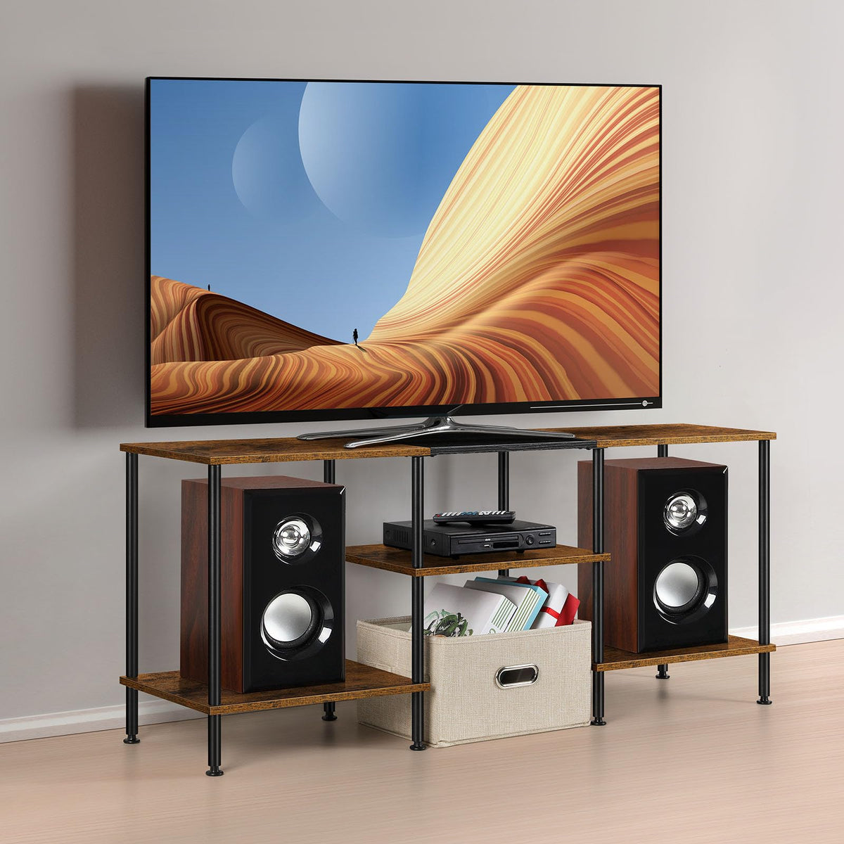 Luplom 50-inch TV stand front view in rustic brown, ideal for small spaces.