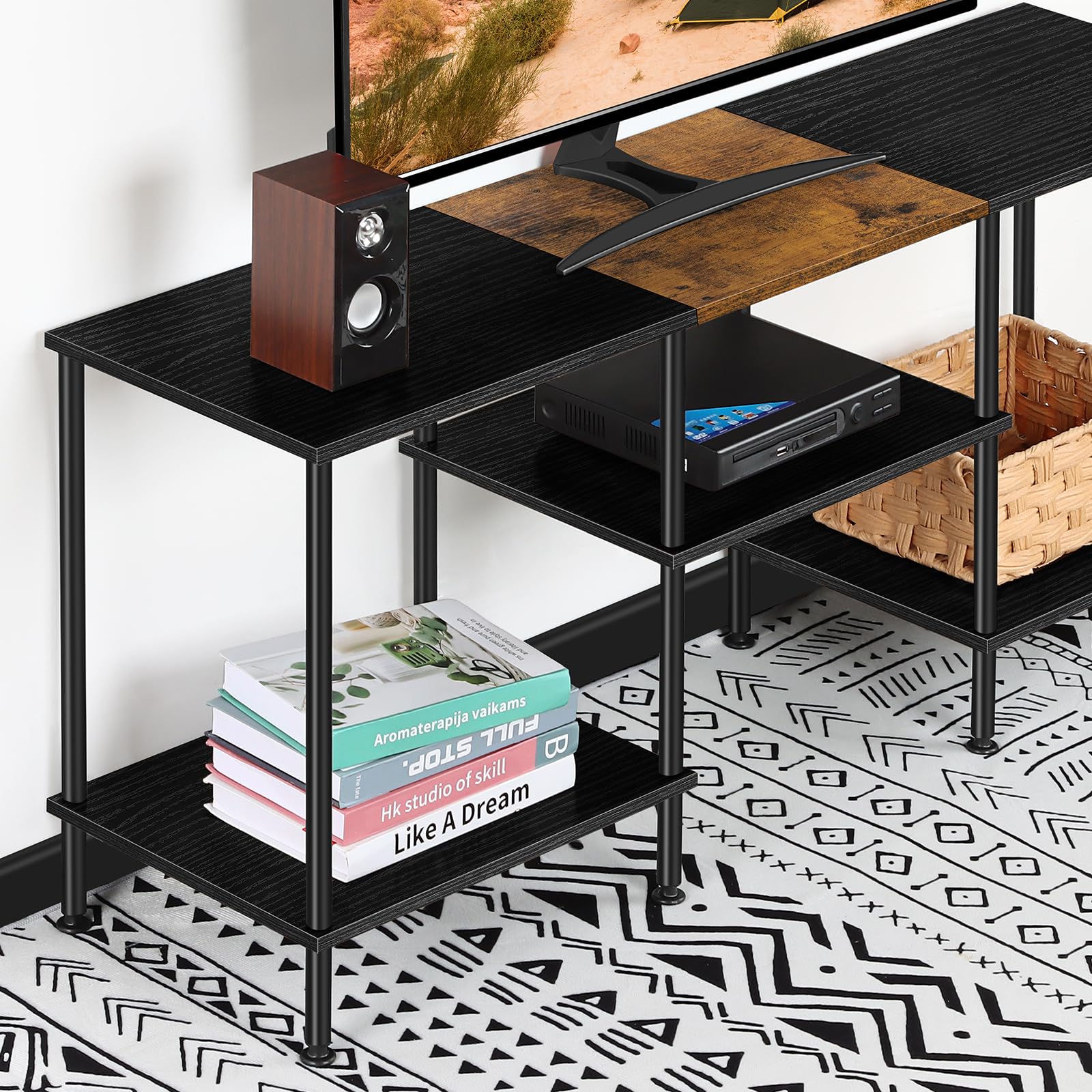 Luplom TV stand side shelves for speakers, organized audio setup.