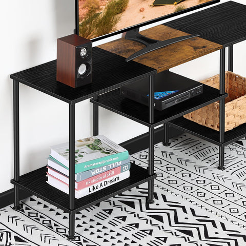 Luplom TV stand side shelves for speakers, organized audio setup.