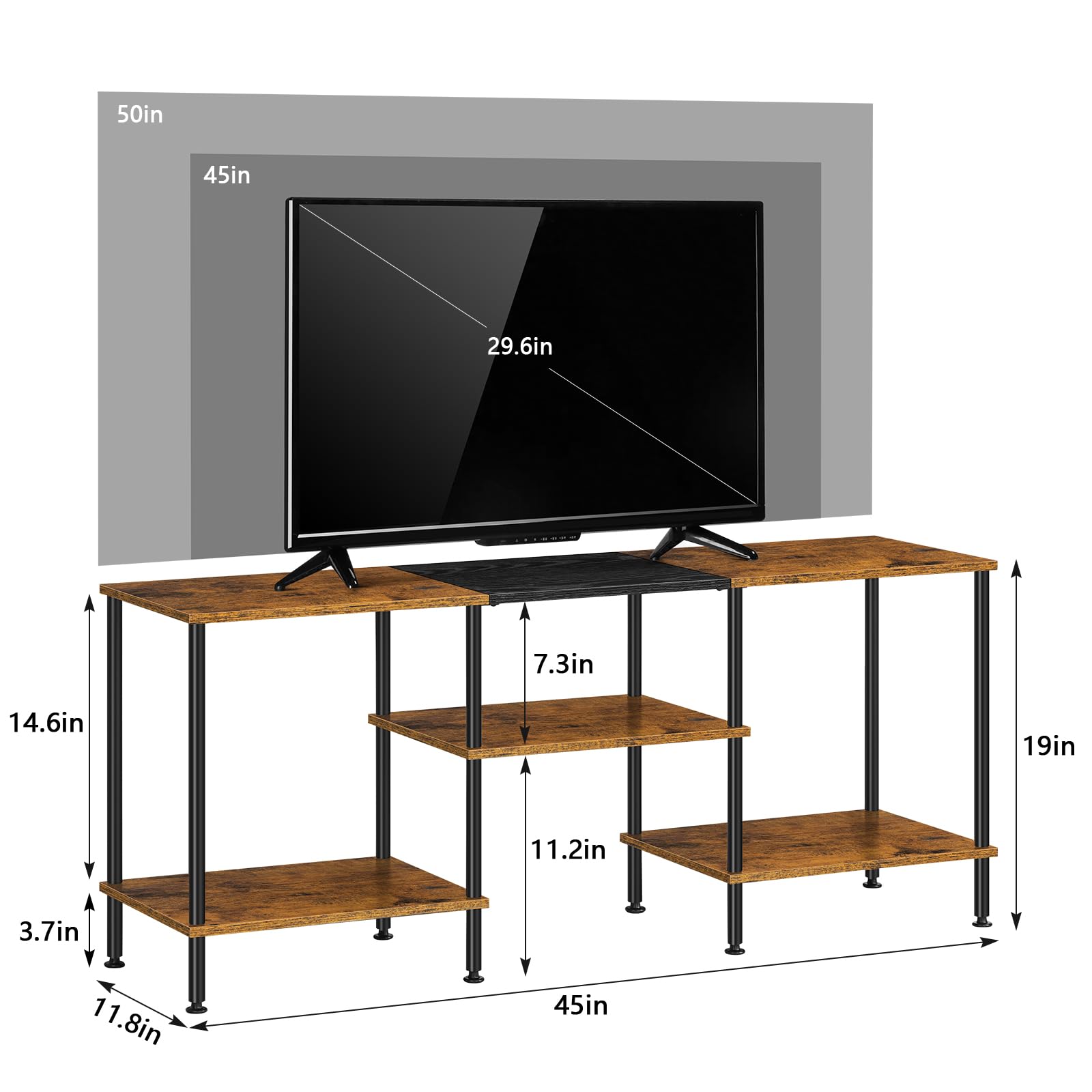 Luplom 50-inch TV stand side view showing compact profile and stability.